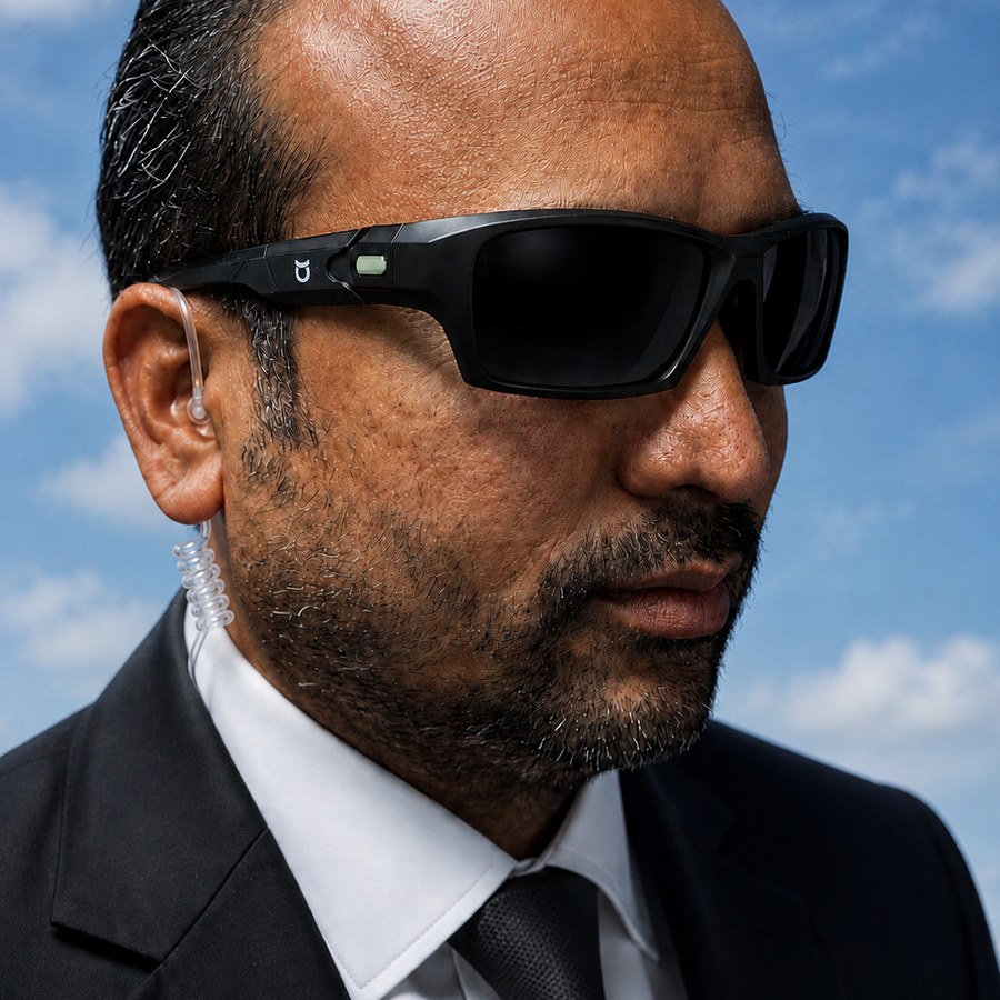 Sicherheitsmitarbeiter im Anzug mit Sonnenbrille und Ohrhoerer